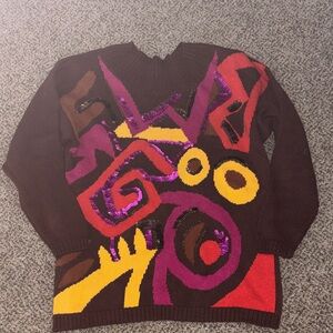 Vintage Multicolor Chunky Knit Sweater - Yellow, Pink, Red, Brown Large